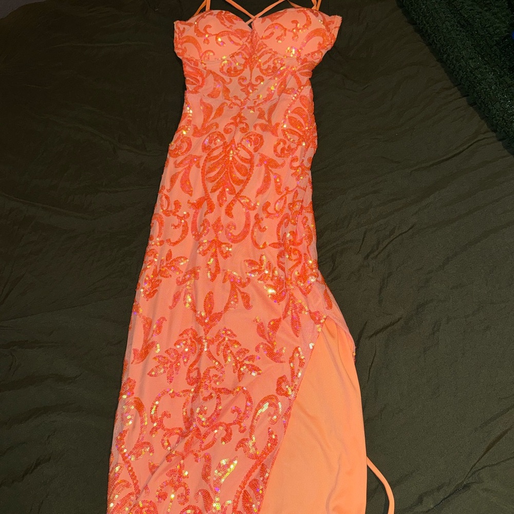 Prom Orange Sequin Dress with Strappy Back - Picture 2 of 3